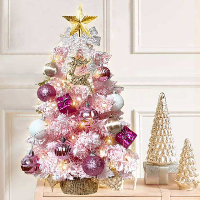 2ft Tabletop Christmas Tree with Light Artificial Small Mini Christmas Decoration with Flocked Snow Exquisite Decor & Xmas Ornaments for Table Top for Home & Offic