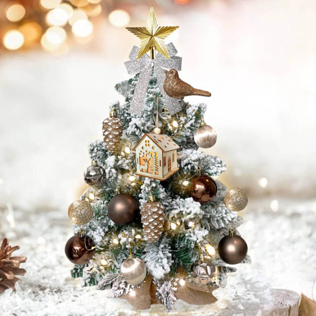 2ft Tabletop Christmas Tree with Light Artificial Small Mini Christmas Decoration with Flocked Snow Exquisite Decor & Xmas Ornaments for Table Top for Home & Offic