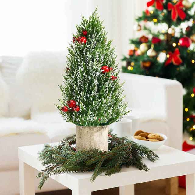 Mini Artificial Christmas Tree 18.5” Tabletop Xmas Tree with 21 Red Berries & 6 Pine Cones, 170 Branch Tips & Pulp Stand