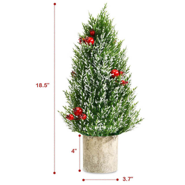 Mini Artificial Christmas Tree 18.5” Tabletop Xmas Tree with 21 Red Berries & 6 Pine Cones, 170 Branch Tips & Pulp Stand