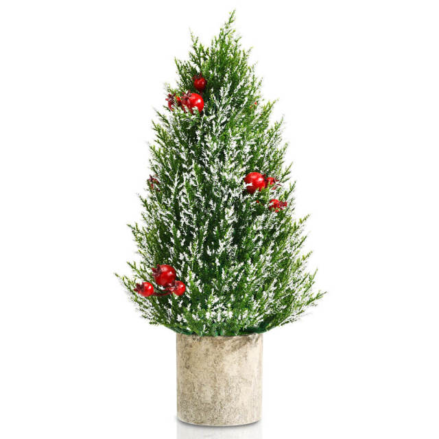 Mini Artificial Christmas Tree 18.5” Tabletop Xmas Tree with 21 Red Berries & 6 Pine Cones, 170 Branch Tips & Pulp Stand