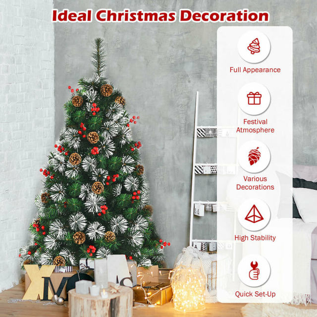 4ft Snowy Artificial Christmas Tree Pre-Decorated Pine Cones and Red Berries Xmas Indoor Outdoor Decoration