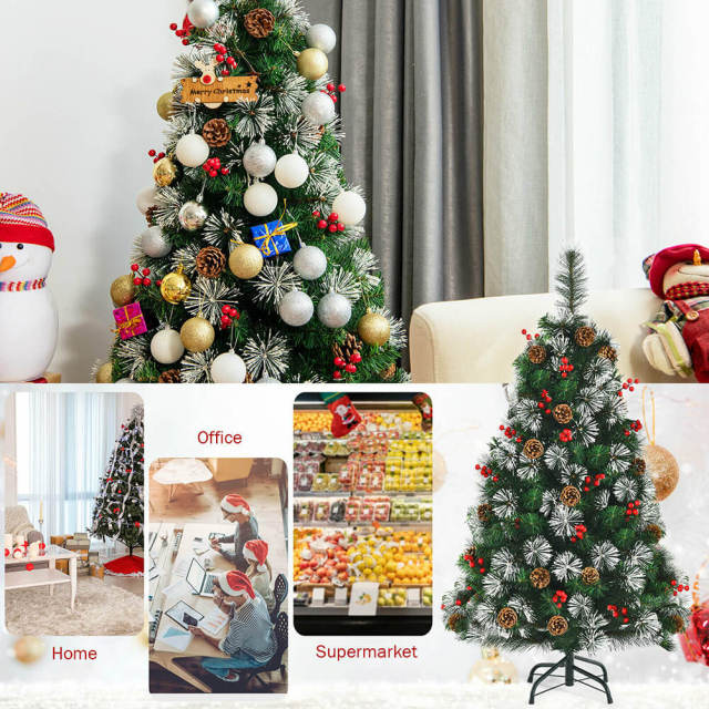 4ft Snowy Artificial Christmas Tree Pre-Decorated Pine Cones and Red Berries Xmas Indoor Outdoor Decoration