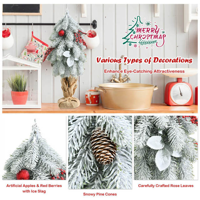 19" Snow Flocked Tabletop Christmas Tree Pine Cones & Red Berrie  Small Mini Tabletop Xmas Tree