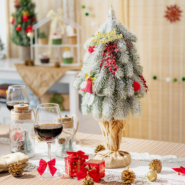 19" Snow Flocked Tabletop Christmas Tree Pine Cones & Red Berrie  Small Mini Tabletop Xmas Tree