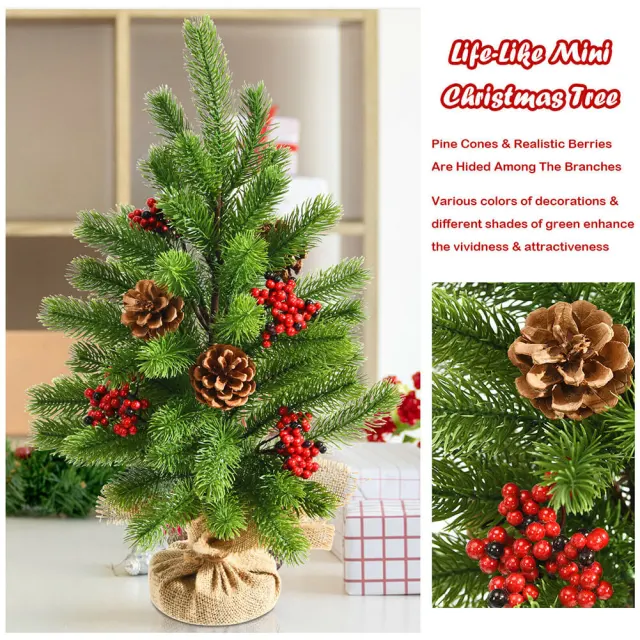 20" Mini Christmas Tree PE Small Artificial Tabletop Christmas Trees Decor with Pine Cones & Red Berries Bedroom Room Porch Table Centerpieces Xmas Decorations