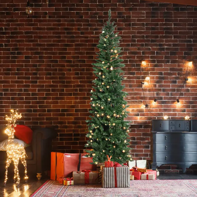 6.5ft Prelit Artificial Slim Christmas Tree 719 Branch Tips Metal Stand Hinged Pencil LED Xmas Tree Christmas Decorations Home Festival Decorations