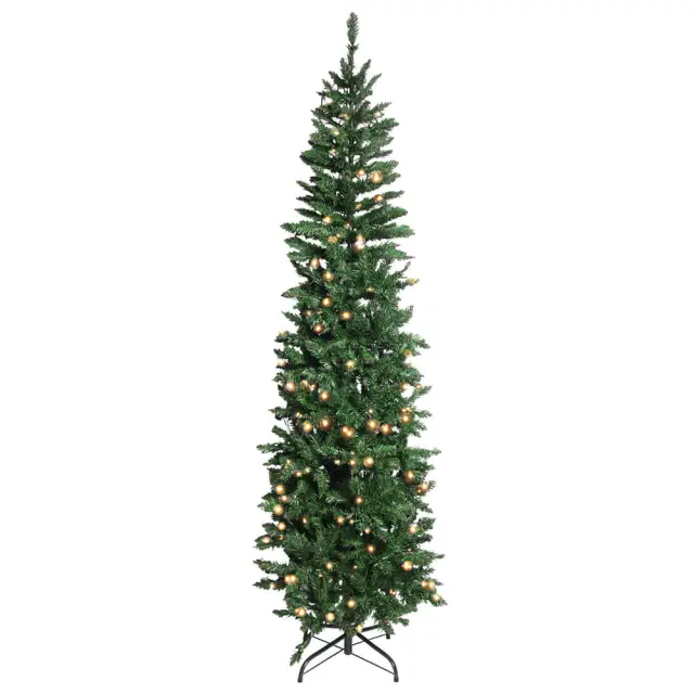 6.5ft Prelit Artificial Slim Christmas Tree 719 Branch Tips Metal Stand Hinged Pencil LED Xmas Tree Christmas Decorations Home Festival Decorations