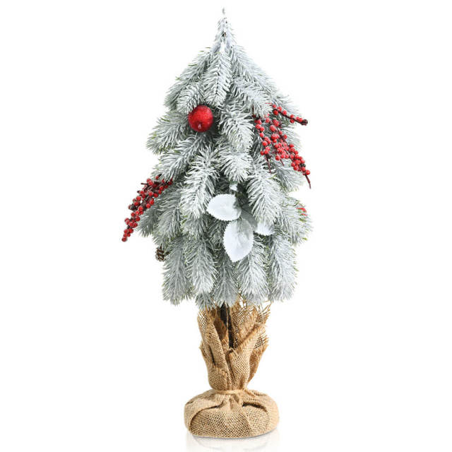 19" Snow Flocked Tabletop Christmas Tree Pine Cones & Red Berrie  Small Mini Tabletop Xmas Tree