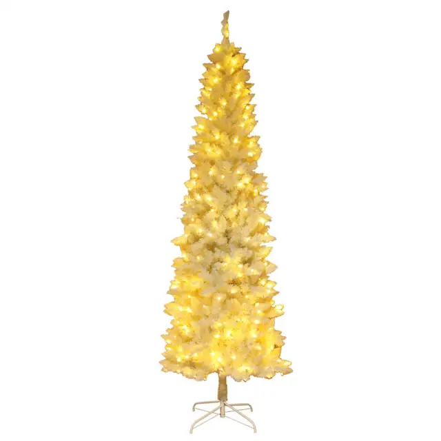 6.5ft Prelit Artificial Slim Christmas Tree 719 Branch Tips Metal Stand Hinged Pencil LED Xmas Tree Christmas Decorations Home Festival Decorations