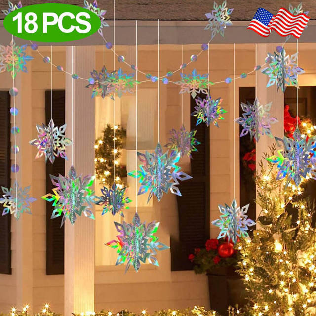 18PCS Winter Christmas Hanging Snowflake Decorations 3D Glittery Snowflake for Christmas Holiday New Year Party Home Decorations