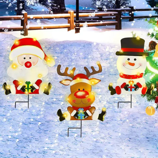 3Pcs Christmas Yard Signs With LED Lights Santa Claus Snowman Christmas Elk Lawn Sign With Stakes