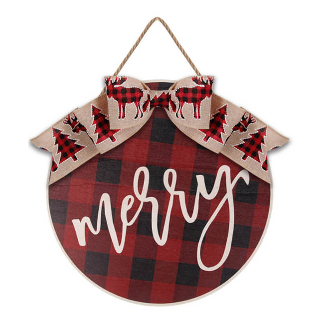 OOVOV Square Merry Christmas Wall Hanging Red And White Plaid Christmas Wooden Decor Wall Sign 14.96" x 14.96"