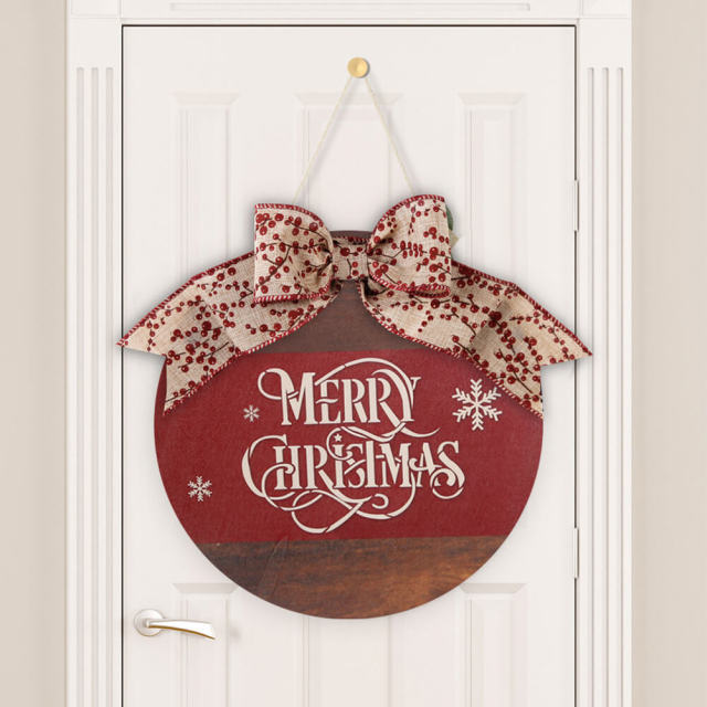 OOVOV Square Merry Christmas Wall Hanging Red And White Plaid Christmas Wooden Decor Wall Sign 14.96" x 14.96"