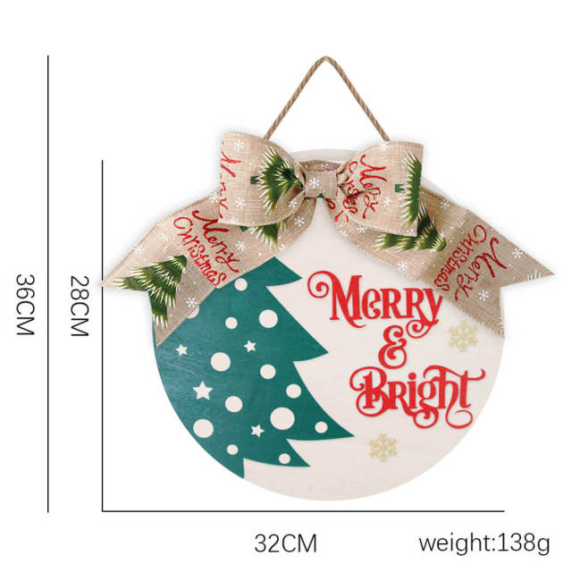 OOVOV Merry Christmas Wall Hanging Round Christmas Wooden Decor Wall Sign With Bow 12.6" x 12.6"