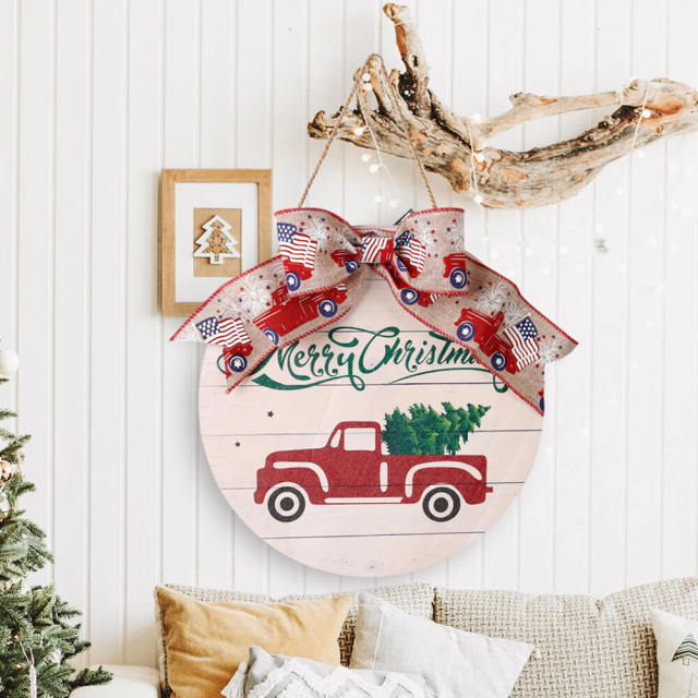 OOVOV Square Merry Christmas Wall Hanging Red And White Plaid Christmas Wooden Decor Wall Sign 14.96" x 14.96"