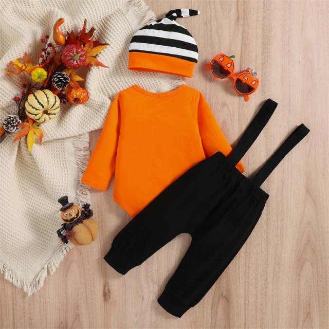 Baby Boys Halloween Pumpkin Print Sets Long Sleeve Romper Suspender Pants Hat