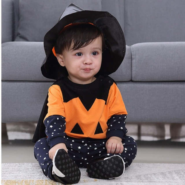 Baby Boys Halloween Clothes Set Bat Pumpkin Vampire Cosplay Long Sleeve Jumpsuit