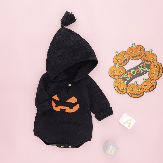 Newborn Baby Boy Girl Hoodie Romper Halloween Pumpkin Knit Sweater Jumpsuit