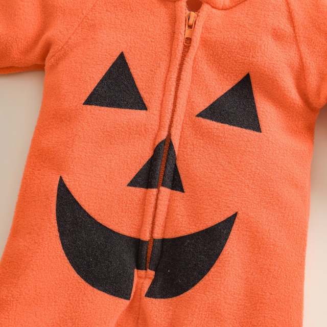 Unisex Baby Halloween Orange Pumpkin Print Long Sleeve Hooded Jumpsuit