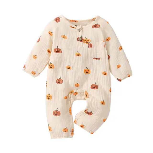 0-18M Baby Boy Girl Halloween Pumpkin Print O-Neck Long Sleeve Jumpsuit