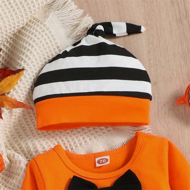 Baby Boys Halloween Pumpkin Print Sets Long Sleeve Romper Suspender Pants Hat