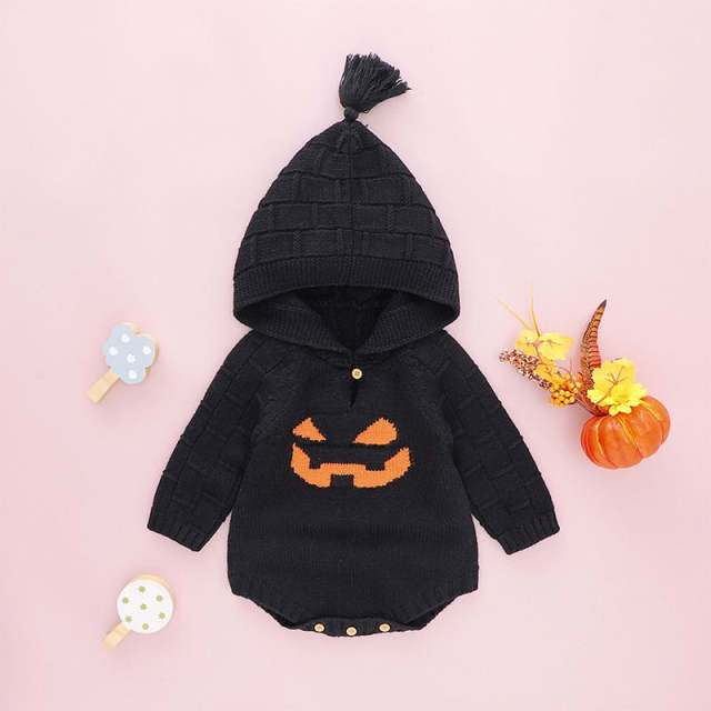 Newborn Baby Boy Girl Hoodie Romper Halloween Pumpkin Knit Sweater Jumpsuit