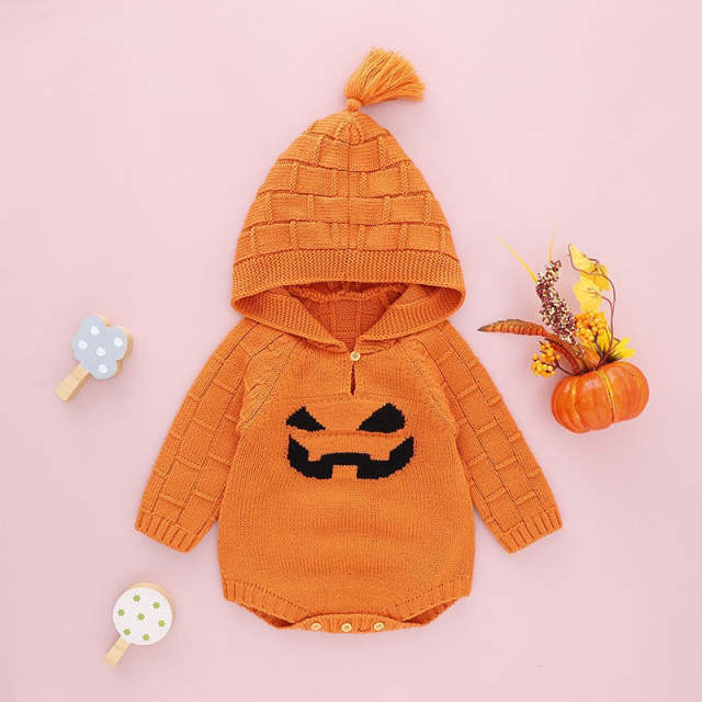 Newborn Baby Boy Girl Hoodie Romper Halloween Pumpkin Knit Sweater Jumpsuit