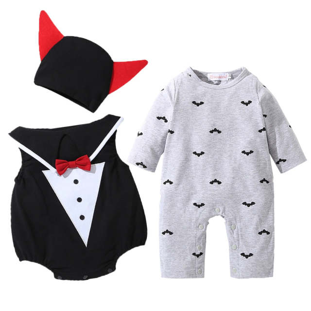 Baby Boys Halloween Clothes Set Bat Pumpkin Vampire Cosplay Long Sleeve Jumpsuit