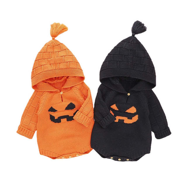 Newborn Baby Boy Girl Hoodie Romper Halloween Pumpkin Knit Sweater Jumpsuit