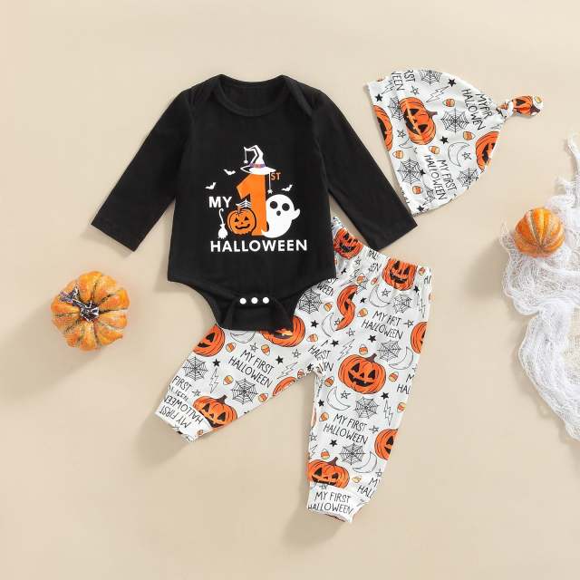 Baby Girls Boys Halloween Romper Pumpkin Printing Long Sleeve Jumpsuits