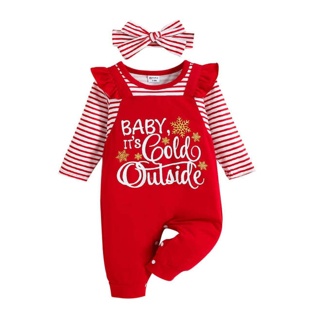 Christmas 2pcs Baby Girl Red Striped Long-sleeve Print Jumpsuit+Headband