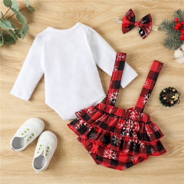 Baby Girls Christmas Bodysuit Set Print Long Sleeves Romper+Suspender Skirt+Headband