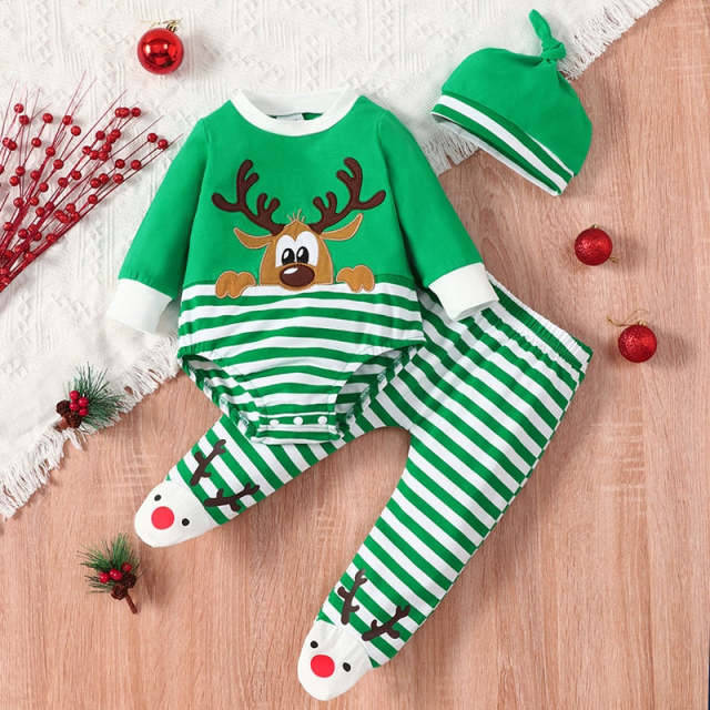 Baby Girls Boys Christmas Clothes Suit Elk Romper+Striped Footed Pants+Hat