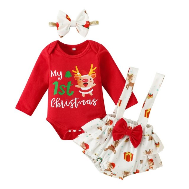 Baby Girls Christmas Bodysuit Set Print Long Sleeves Romper+Suspender Skirt+Headband