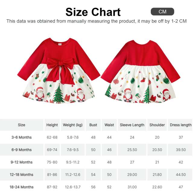 Christmas Baby Dress Newborn Girl Bow Long-sleeve Spliced Xmas Costumes