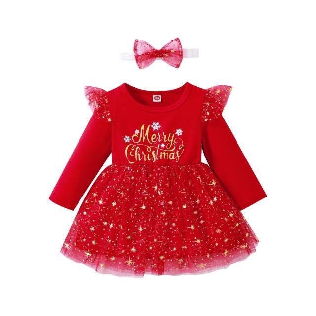 Merry Christmas Red Dress For Baby Girl Long Sleeve Tutu Dresses with Headband