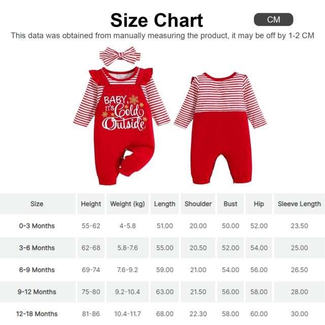 Christmas 2pcs Baby Girl Red Striped Long-sleeve Print Jumpsuit+Headband