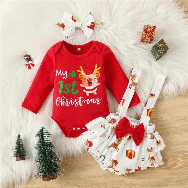 Baby Girls Christmas Bodysuit Set Print Long Sleeves Romper+Suspender Skirt+Headband