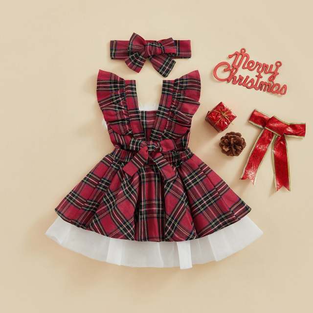 Baby Girls Christmas Outfit Sets Red Plaid Tulle Pleated Dress+Headband