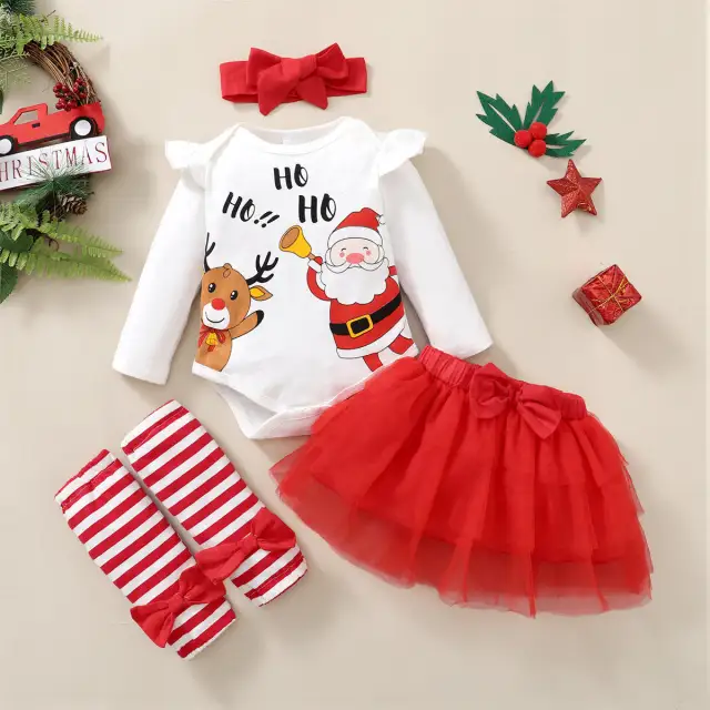 4Pcs Newborn Baby Girl Bodysuit  Cartoon Print Christmas Jumpsuit & Skirt