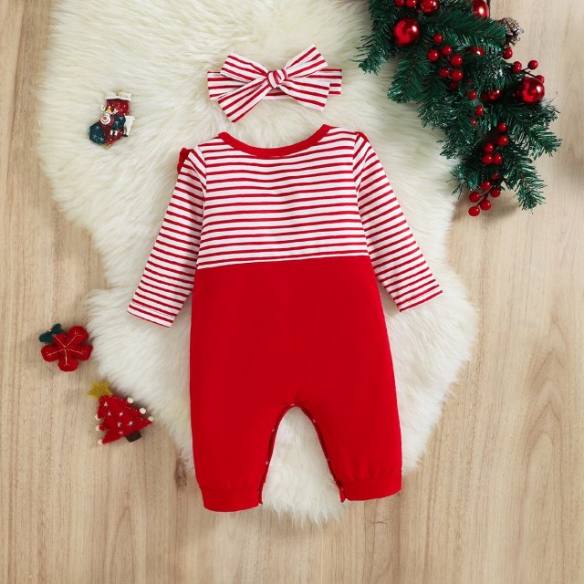 Christmas 2pcs Baby Girl Red Striped Long-sleeve Print Jumpsuit+Headband