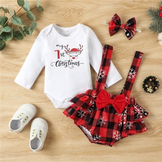 Baby Girls Christmas Bodysuit Set Print Long Sleeves Romper+Suspender Skirt+Headband