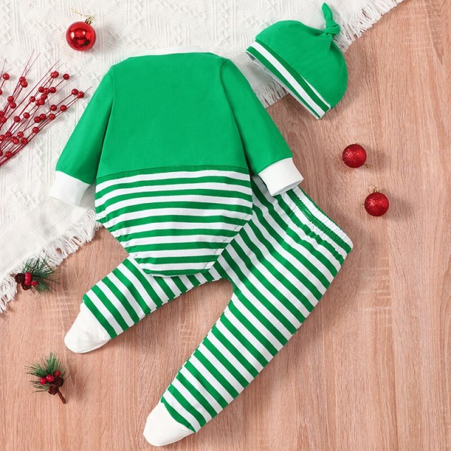 Baby Girls Boys Christmas Clothes Suit Elk Romper+Striped Footed Pants+Hat