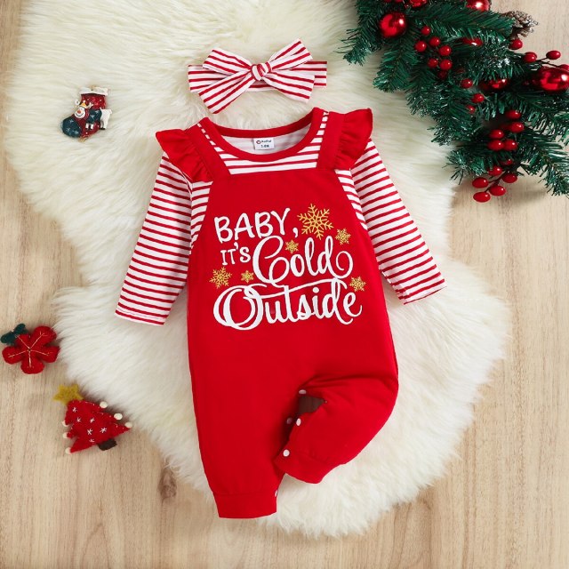 Christmas 2pcs Baby Girl Red Striped Long-sleeve Print Jumpsuit+Headband