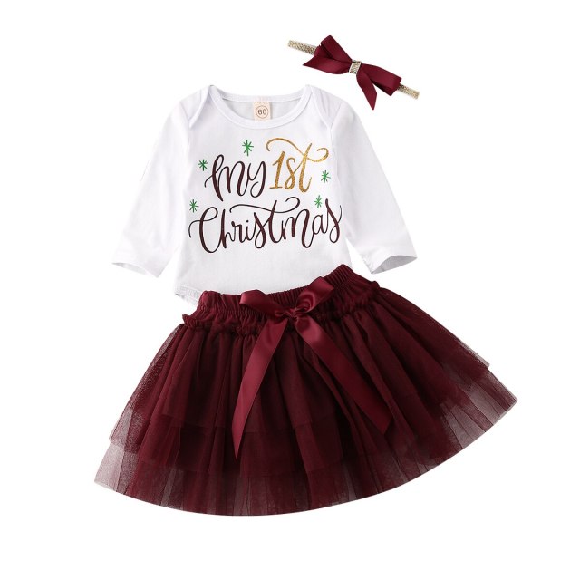 Newborn Baby Girl My First Christmas New Year 3Pcs Long Sleeve Clothes Set