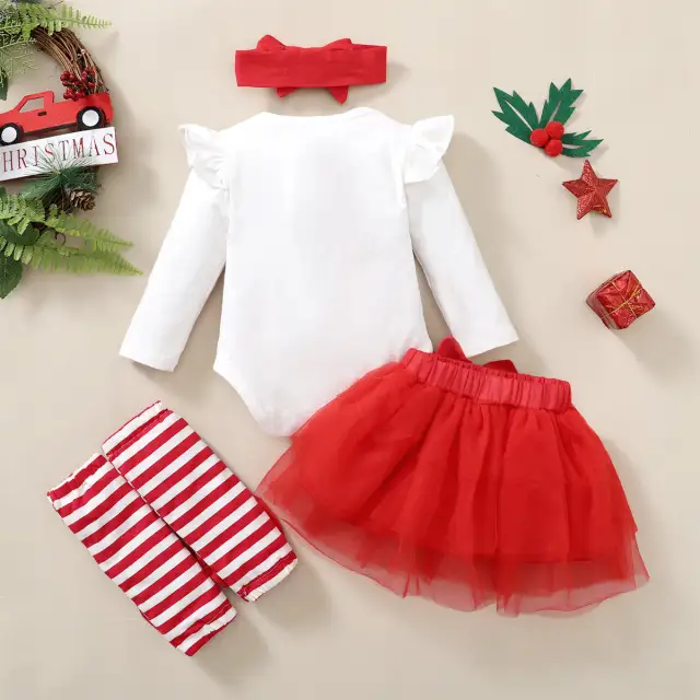 4Pcs Newborn Baby Girl Bodysuit  Cartoon Print Christmas Jumpsuit & Skirt