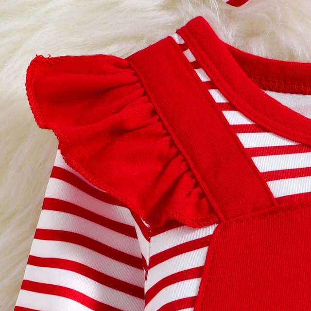 Christmas 2pcs Baby Girl Red Striped Long-sleeve Print Jumpsuit+Headband