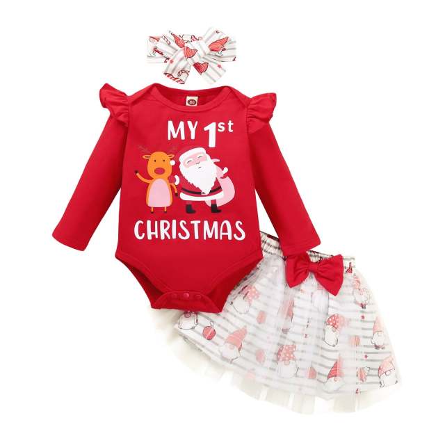 0-18M Infant Girls Christmas Clothes Sets Santa Romper+Tulle Skirts+Headbands