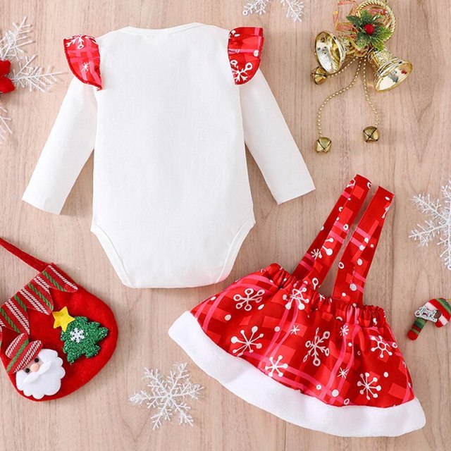 Baby Girl Clothes Suit Long Sleeve Printed Christmas Braces Skirt Costume